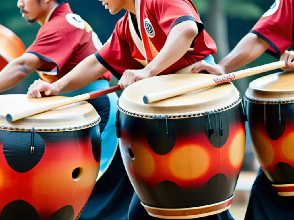 Grupo de taiko drummers en trajes tradicionales, con movimientos japoneses de percusión, mostrando energía y tradición