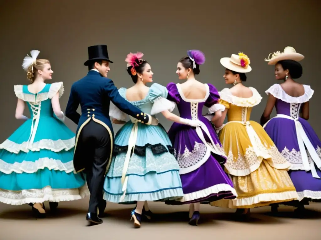 Grupo elegante de bailarines en trajes tradicionales de Quadrille Francés, mostrando patrones de coordinación en danza