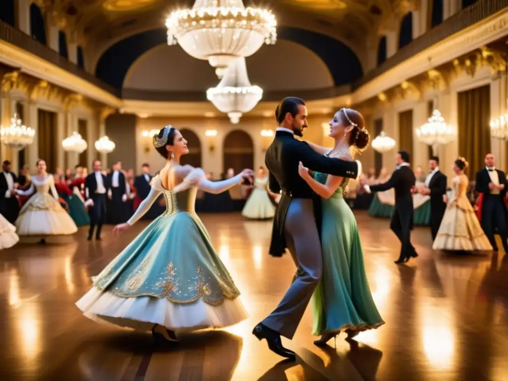 Grupo elegante bailando contradanza en majestuoso salón europeo, reflejando la historia del baile tradicional en Europa