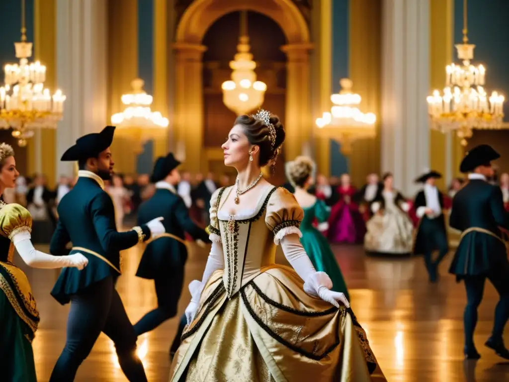 Grupo elegante bailando en un evento histórico con trajes barrocos en un salón de baile opulento