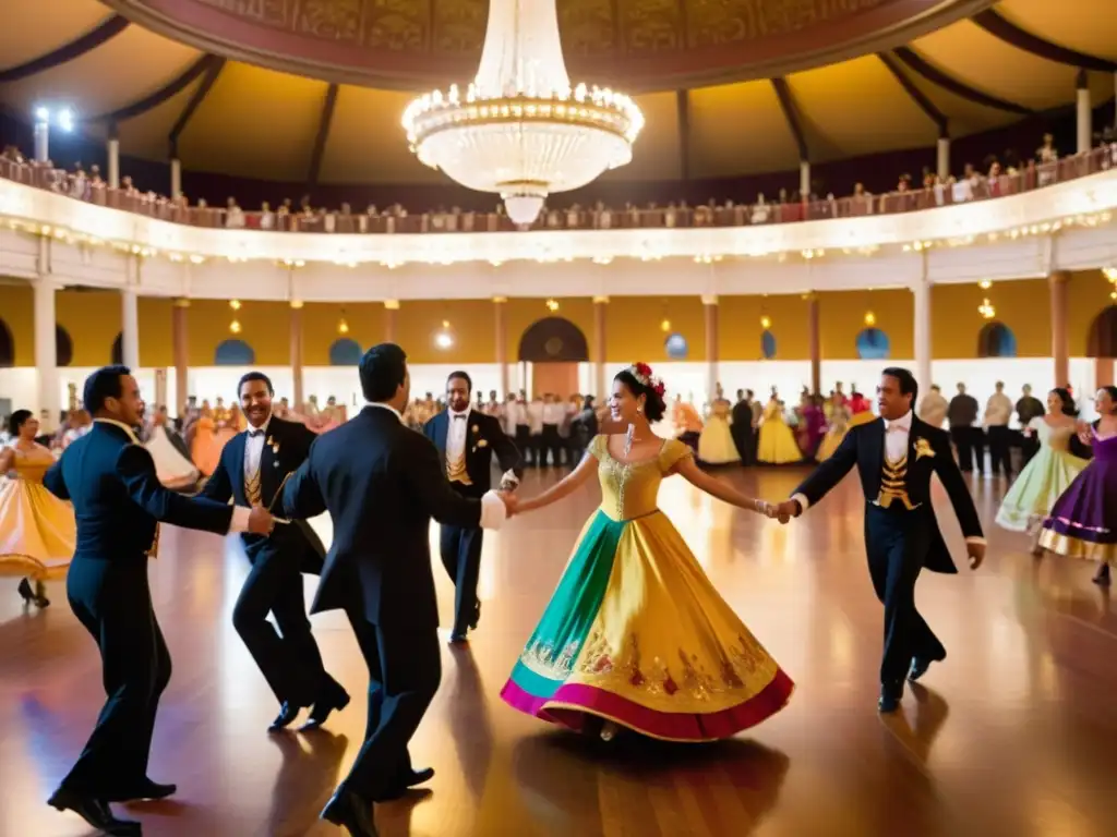 Grupo elegante baila el Pericón Nacional en un salón de baile, capturando el significado cultural del Pericón Nacional Uruguayo