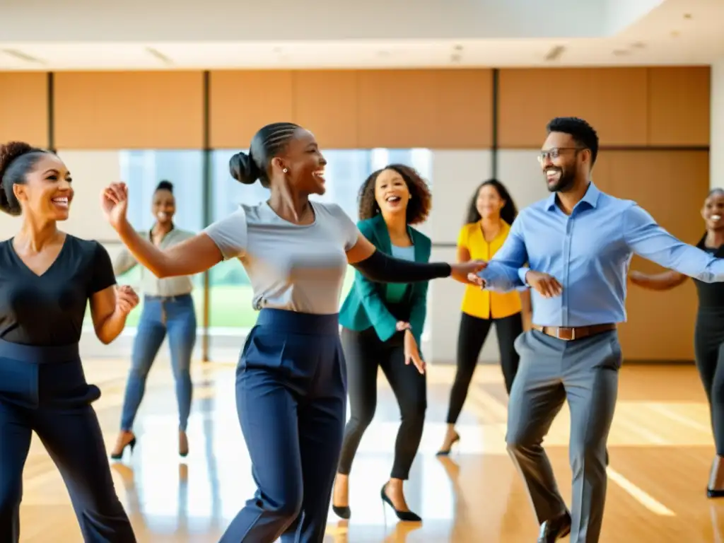 Grupo de empleados de diferentes departamentos bailando en equipo para implementar danza en cultura organizacional