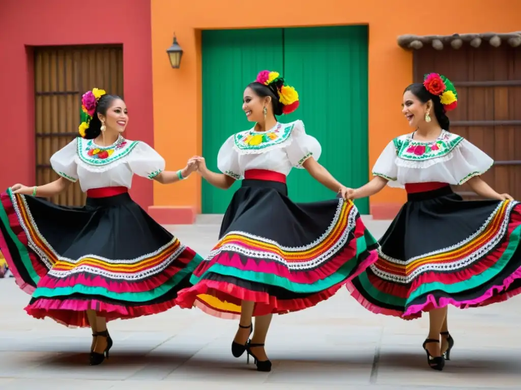 Grupo energético de bailarines mexicanos llevando trajes folclóricos, fusionando danza folclórica mexicana renovada con música electrónica