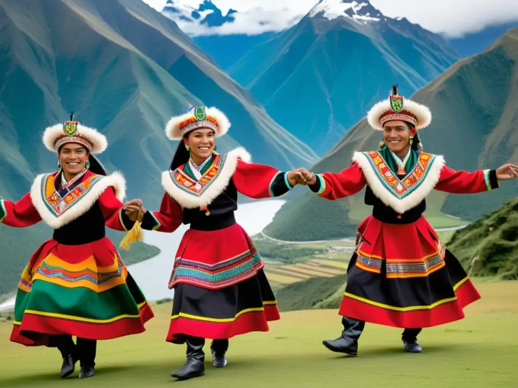 Grupo energético de bailarines Negritos de Huanuco en trajes vibrantes, moviéndose al ritmo de la danza tradicional peruana, frente a los picos nevados de los Andes