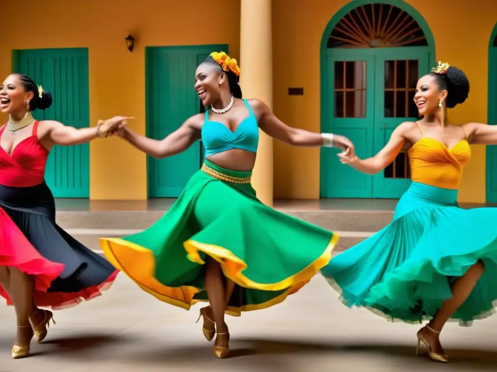 Grupo energético de bailarines de rumba afrocubana con movimientos sensuales, vestidos con trajes tradicionales vibrantes, danzan con pasión y alegría, capturando la esencia de la rumba afrocubana