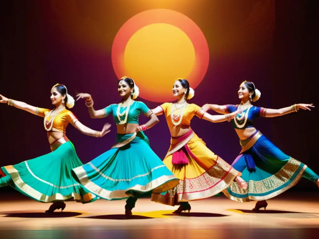 Un grupo energético de bailarines con trajes tradicionales de la India realizando movimientos sincronizados en un escenario vibrante