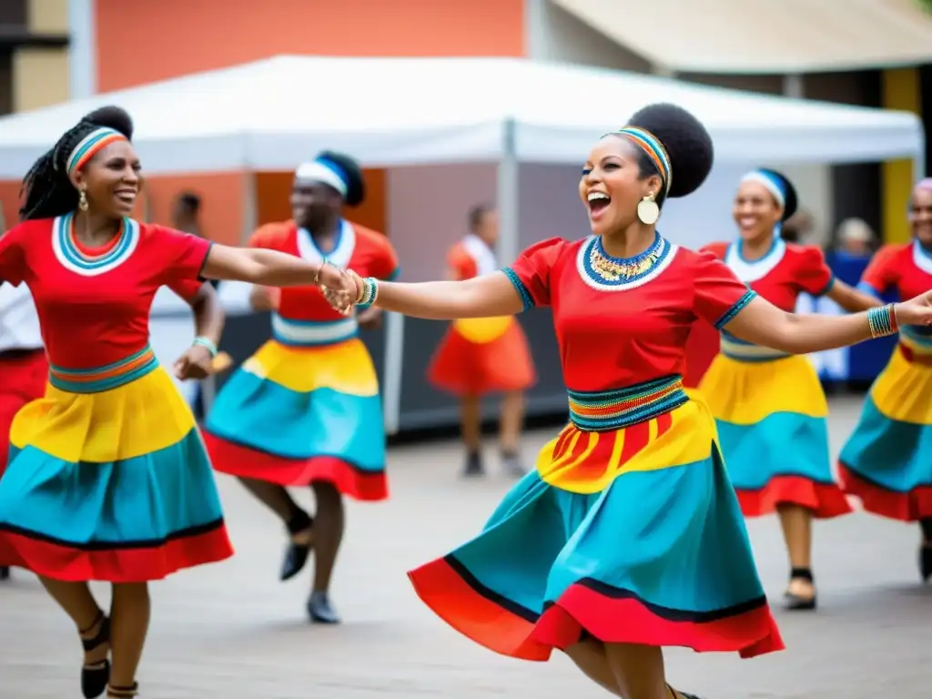 Grupo enérgico de bailarines afroperuanos vistiendo trajes tradicionales, moviéndose al ritmo del festejo afroperuano, irradiando alegría y orgullo cultural, rodeados de espectadores cautivados por la expresividad y el ritmo