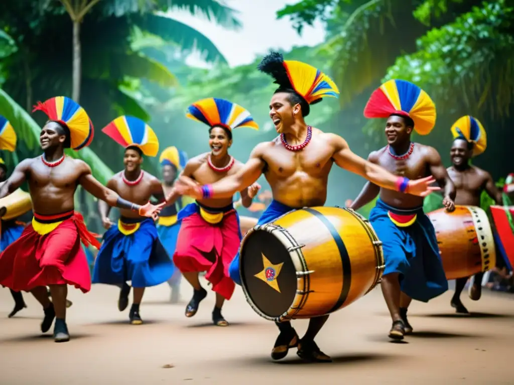 Un grupo enérgico de bailarines de Bomba Puertorriqueña, con trajes vibrantes, rodea a un músico que toca un gran tambor