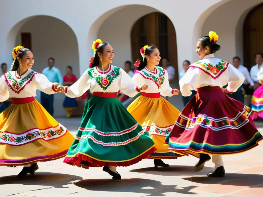 Un grupo enérgico de bailarines folklóricos mexicanos ejecutando el zapateado en un patio soleado