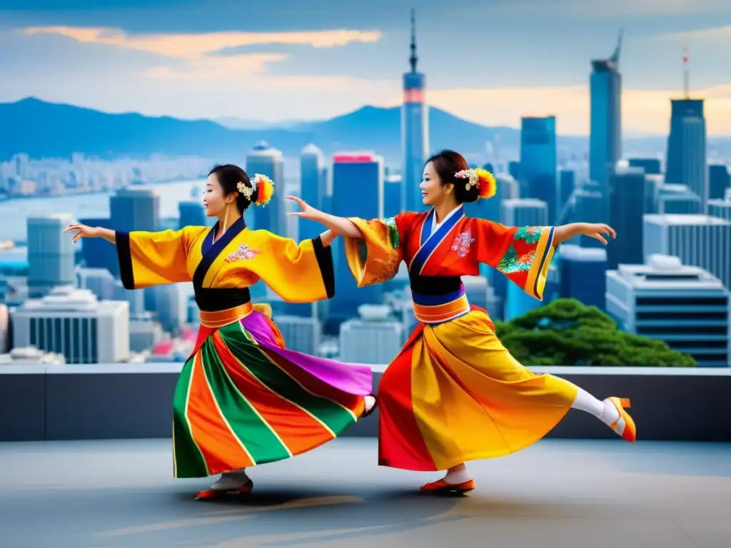 Un grupo enérgico de bailarines de Yosakoi japonés, vistiendo trajes tradicionales vibrantes, ejecutando movimientos gráciles en la ciudad