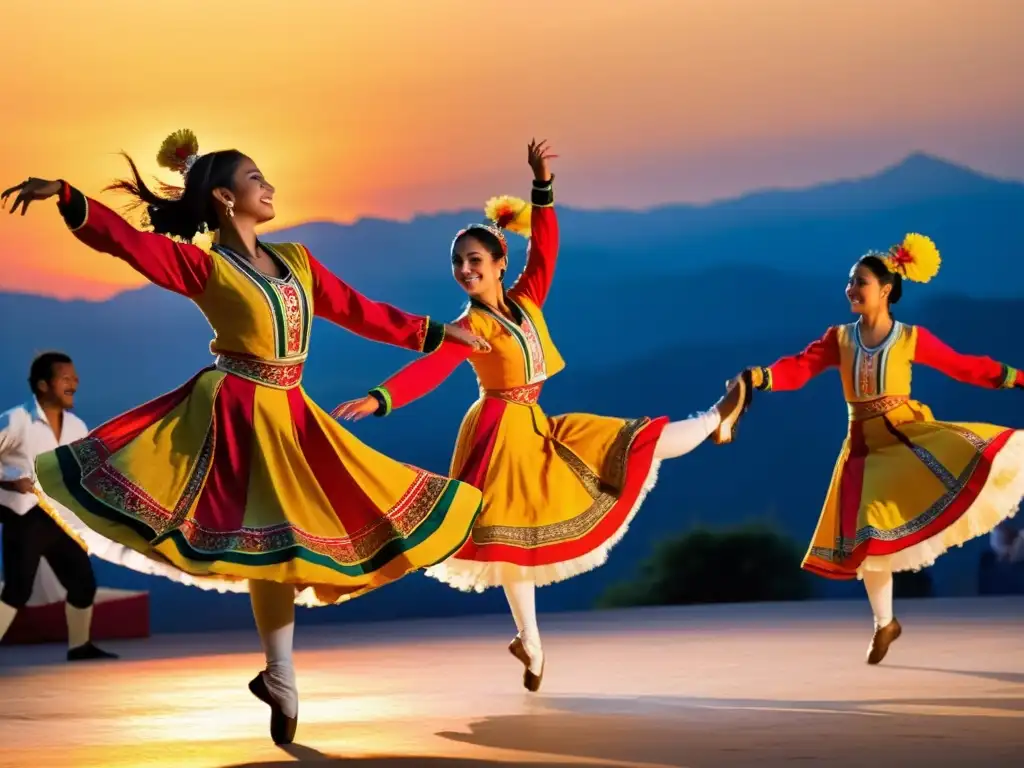 Un grupo enérgico de bailarines en un salto espectacular, vistiendo trajes tradicionales vibrantes