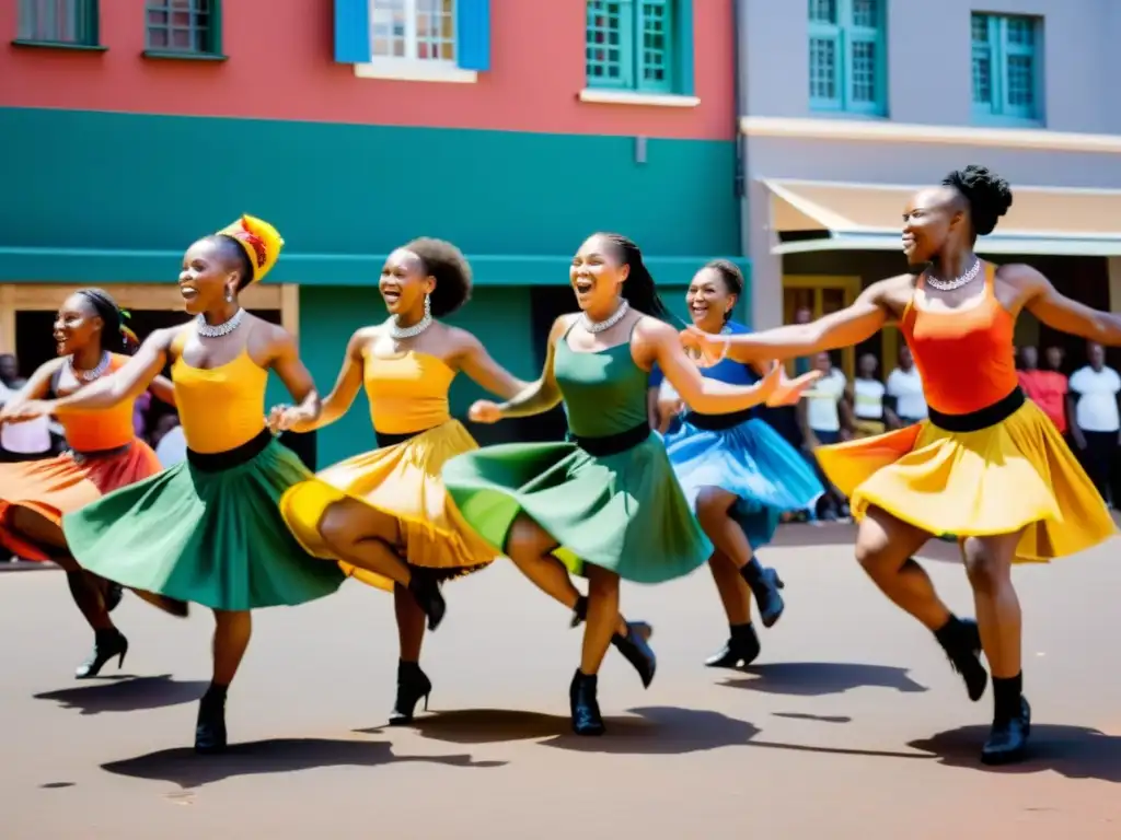 Un grupo enérgico de bailarines sudafricanos realizando la danza tradicional Amapiano, con vestimenta colorida y espectadores asombrados