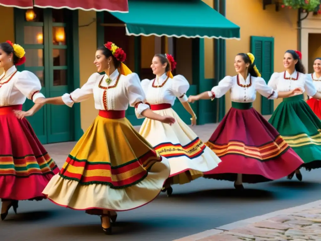 Grupo enérgico de bailarines con trajes tradicionales del sur de Italia, moviéndose apasionadamente al ritmo de la pizzica