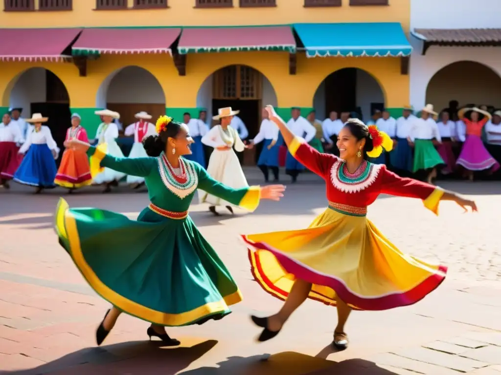 Un grupo enérgico de bailarines en trajes tradicionales coloridos, disfrutando al ritmo de la música de cumbia en una plaza vibrante