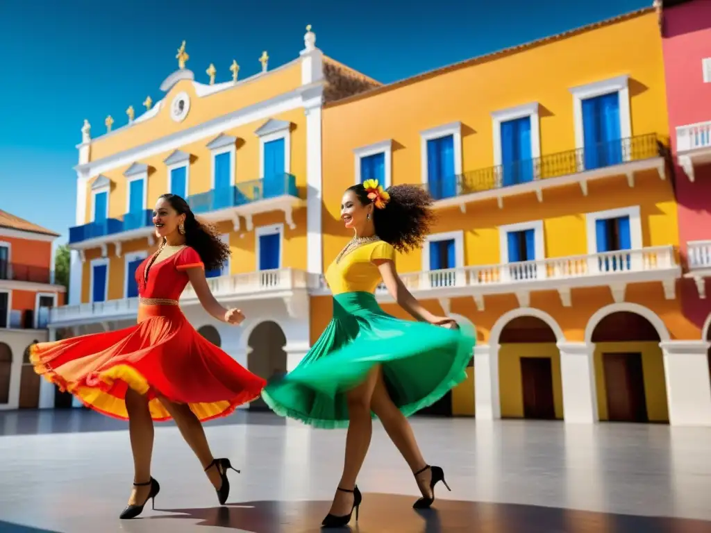 Un grupo enérgico de bailarines con trajes tradicionales latinoamericanos, danzando con gracia y pasión frente a icónicos paisajes europeos