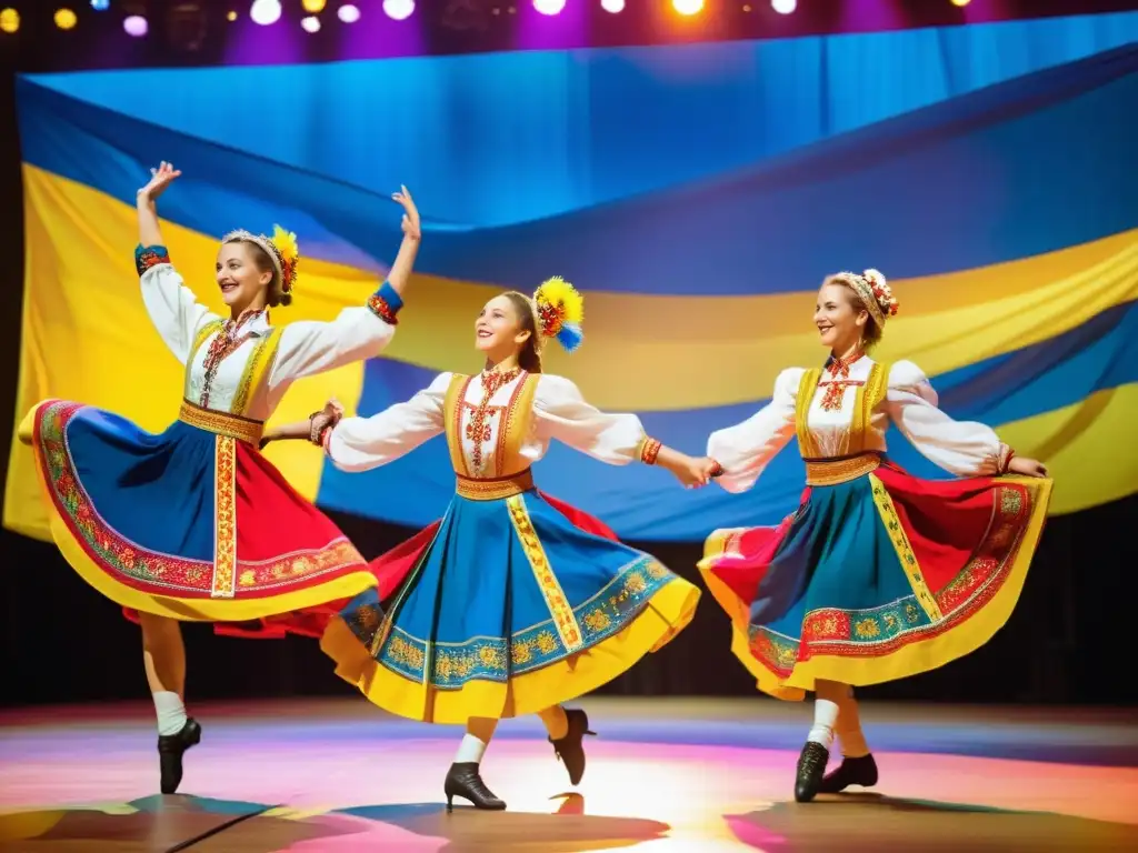 Grupo enérgico de bailarines ucranianos, vestidos con trajes tradicionales vibrantes, realizando una dinámica danza folclórica