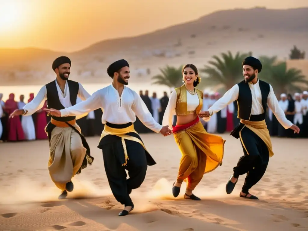 Un grupo enérgico de bailarines vestidos con trajes tradicionales del Medio Oriente, unidos mientras realizan la animada danza Dabke