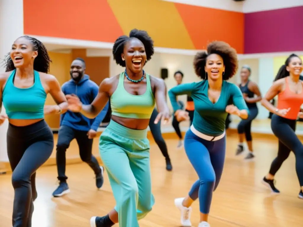 Grupo enérgico disfrutando de una clase de baile de Afrobeat, con música vibrante de fondo