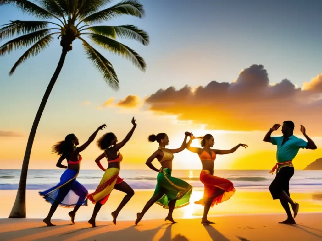 Un grupo enérgico baila la Lambada en una playa brasileña al atardecer