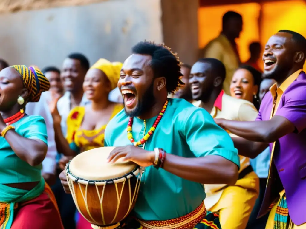 Un grupo enérgico de músicos interpreta instrumentos tradicionales del Congo, rodeados de una multitud animada de bailarines con coloridos trajes