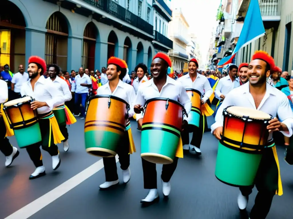 Grupo enérgico de tamborileros y bailarines afro-uruguayos, con trajes tradicionales coloridos, interpretando candombe en las calles de Montevideo