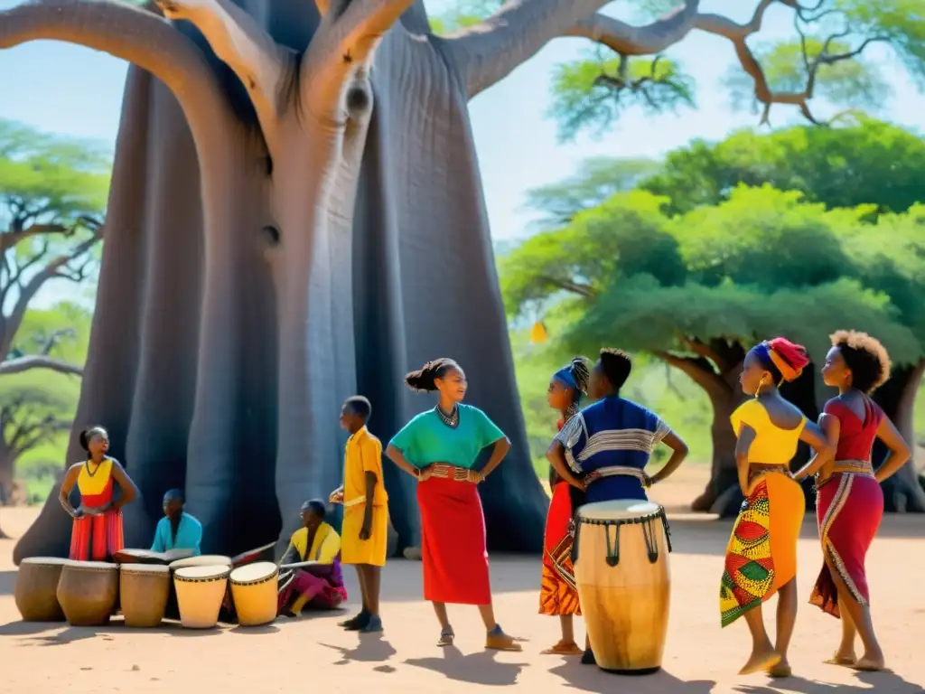 Grupo de estudiantes africanos bailando bajo un baobab mientras siguen el ritmo de sus instrucciones