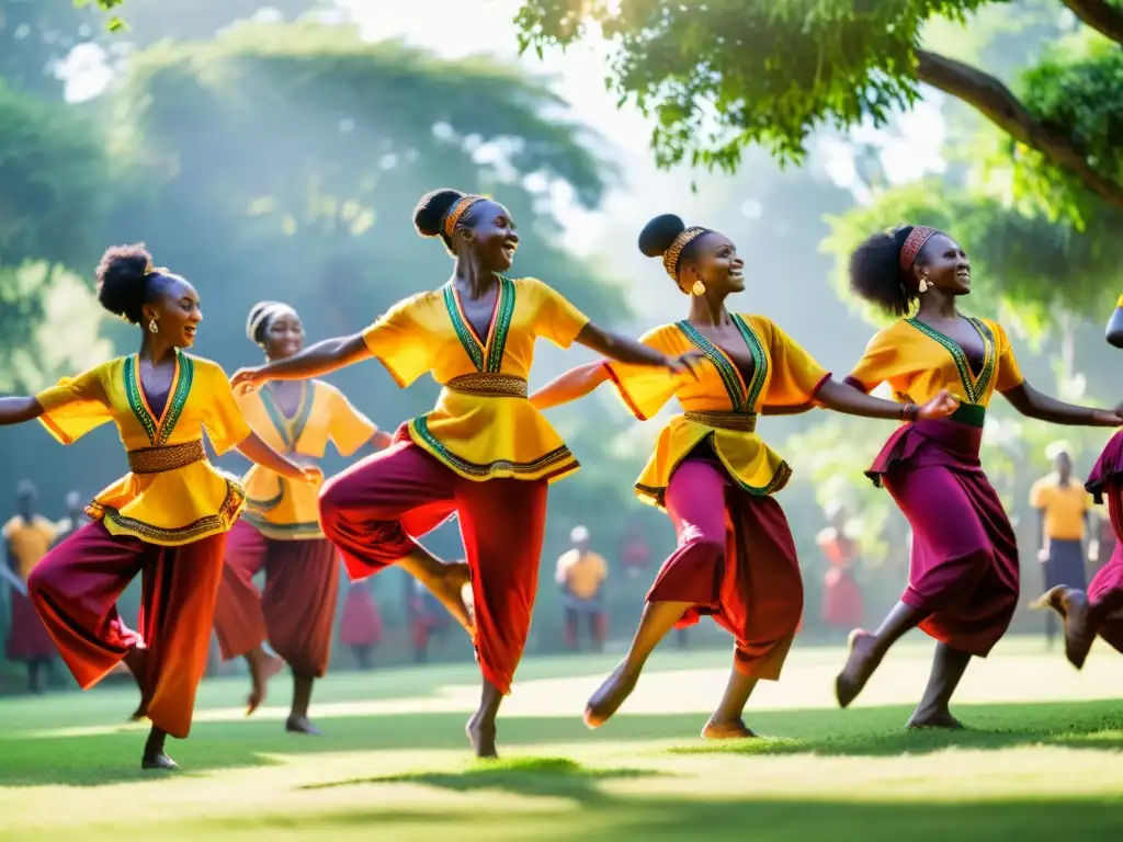 Un grupo de estudiantes africanos de danza en un vibrante entorno al aire libre, realizando una coreografía dinámica