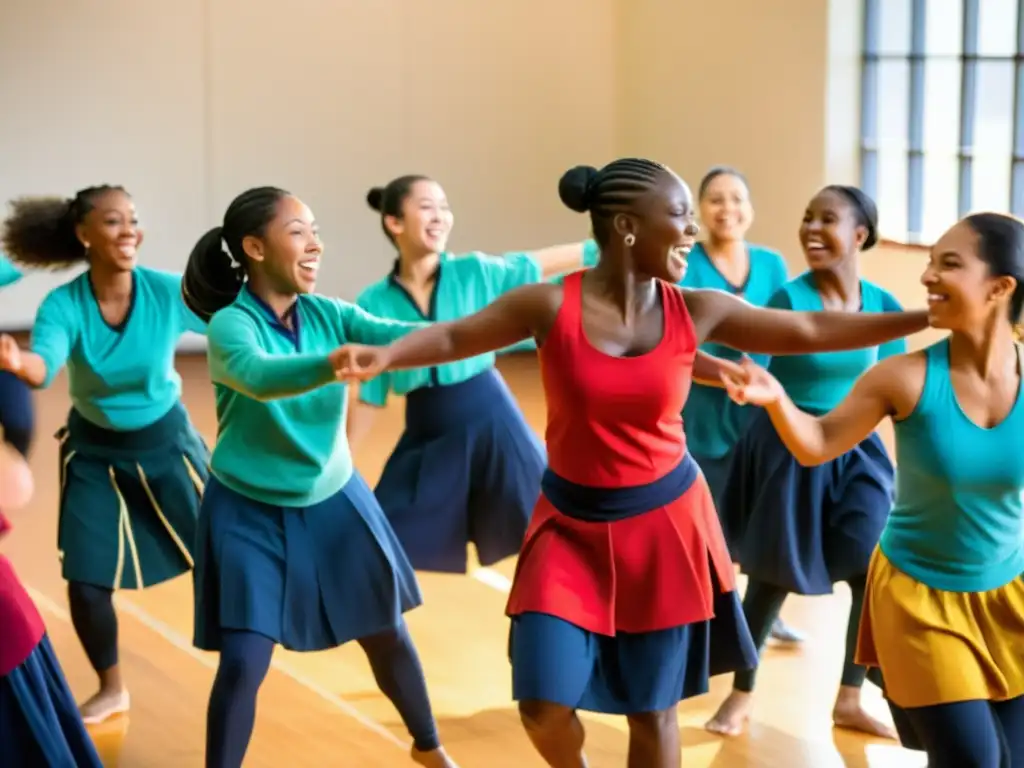 Un grupo de estudiantes participa en un animado taller de danza tradicional, liderado por un apasionado instructor