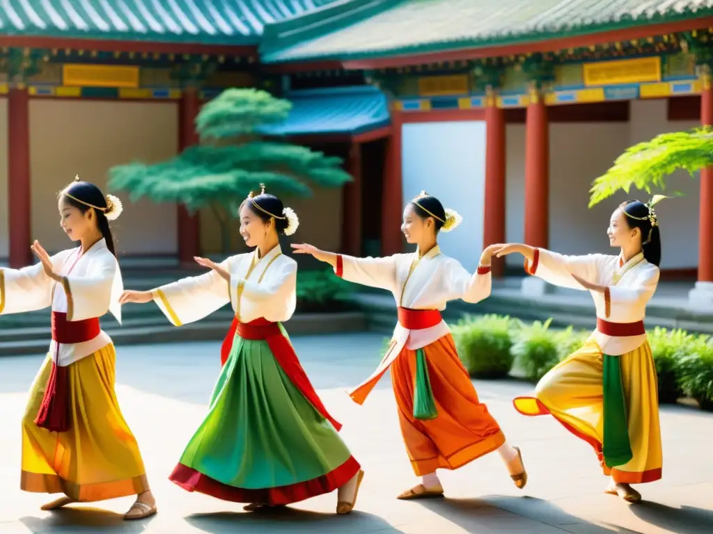 Un grupo de jóvenes estudiantes asiáticos en atuendos religiosos tradicionales realiza una grácil y compleja danza en un patio iluminado por el sol, rodeado de templos ornamentados y exuberante vegetación