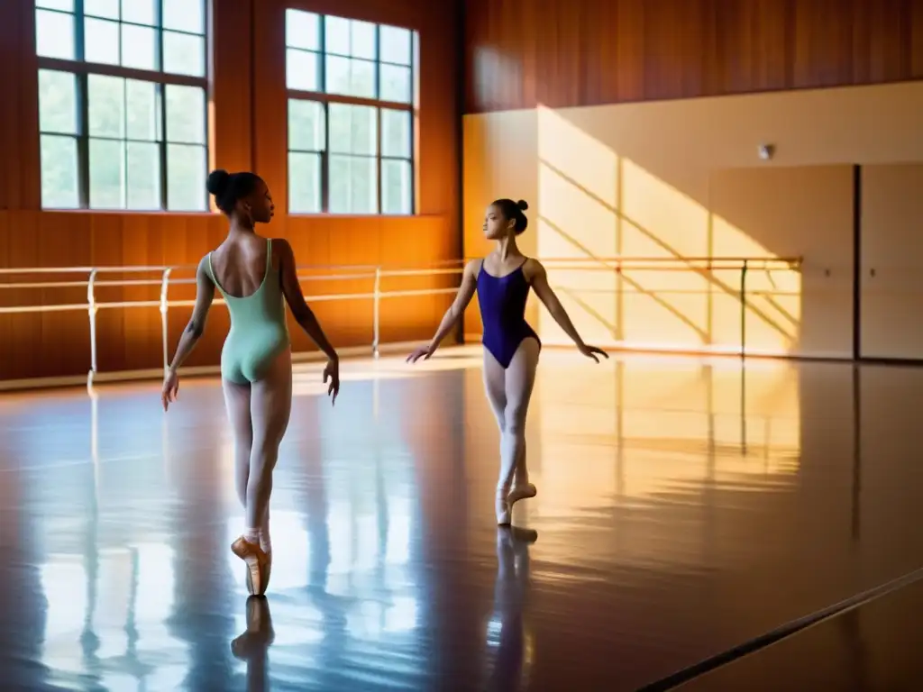 Un grupo de estudiantes de ballet en leotardos coloridos y zapatillas de ballet se estira en círculo antes de clase