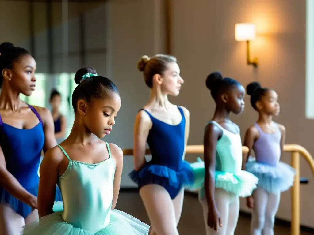 Un grupo de jóvenes estudiantes de ballet en leotardos vibrantes y tutús, concentrados en una app de tutorial de danza