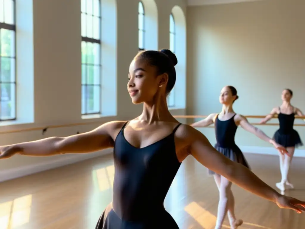 Grupo de jóvenes estudiantes de ballet practican movimientos elegantes en un estudio amplio y soleado, bajo la guía de su instructor