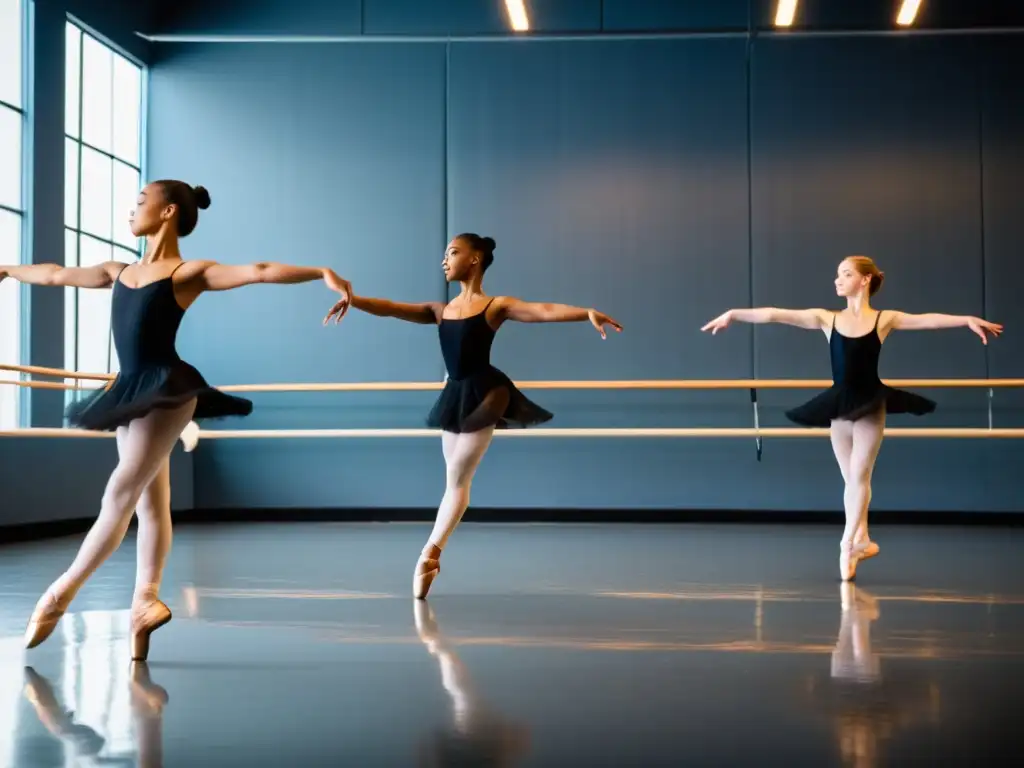 Jóvenes bailarines de ballet en elegante movimiento Un grupo de jóvenes estudiantes de ballet practican movimientos precisos y graciosos en un estudio bien iluminado