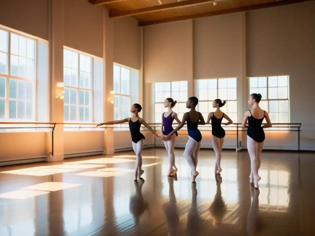 Grupo de jóvenes estudiantes de ballet practicando pliés en un estudio soleado, enfocados y gráciles, en una fotografía documental