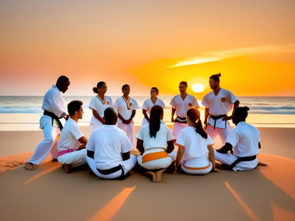 Un grupo de estudiantes diversos practican capoeira en la playa al atardecer, con movimientos fluidos y dinámicos