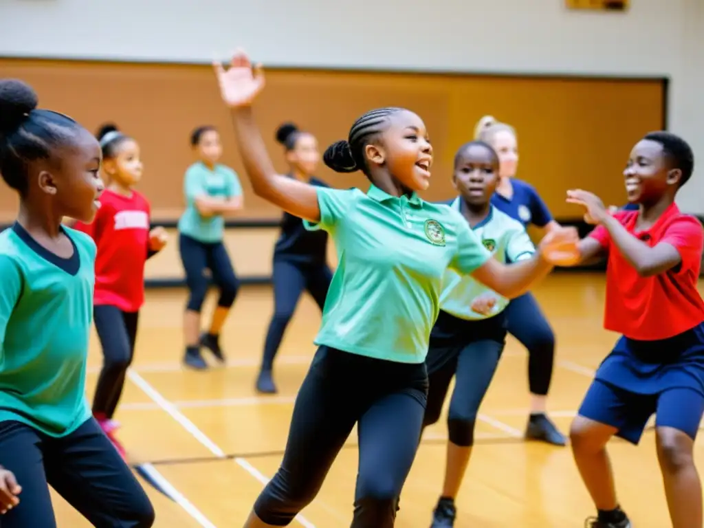 Grupo de estudiantes participando en clase de educación física, aprendiendo danzas africanas con entusiasmo y precisión