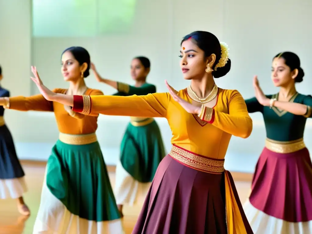 Un grupo de estudiantes diversos participa en clases virtuales de Kathak en línea, mostrando la belleza y la conexión cultural de la danza