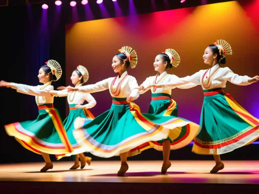 Un grupo de estudiantes ejecuta una coreografía de danza tradicional con pasión y precisión, iluminados por luces vibrantes