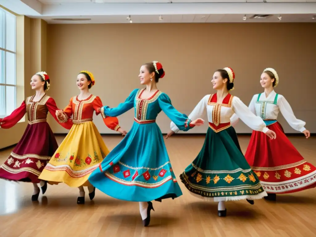 Grupo de estudiantes en curso avanzado danzas folklóricas rusas, ejecutando con gracia y pasión en un estudio decorado