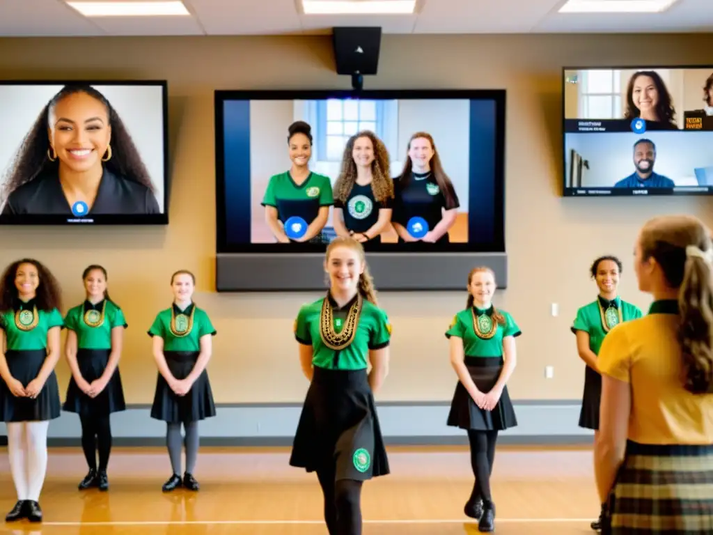 Grupo de estudiantes disfrutando de un curso online de danzas irlandesas con su instructor, inmersos en la alegría y la cultura del baile irlandés