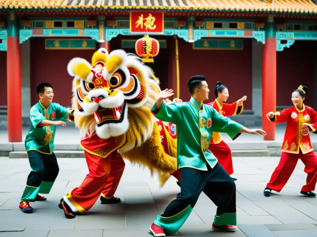 Un grupo de estudiantes practica la Danza del León Chino en un patio tradicional, con trajes detallados y colores vibrantes