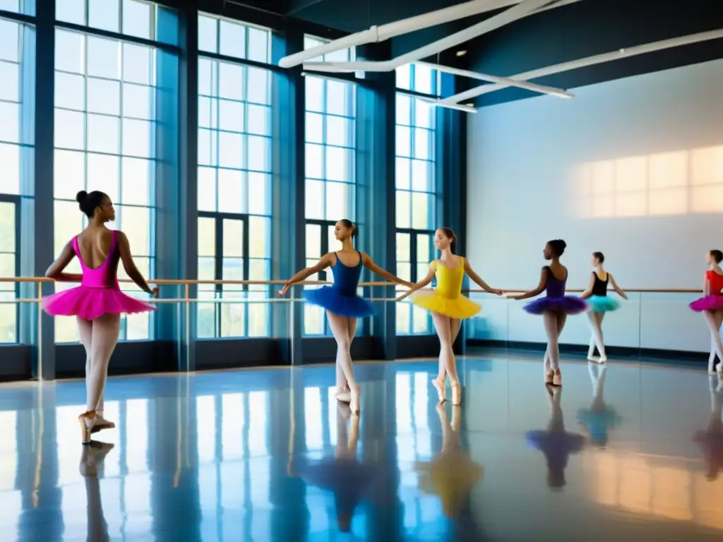 Un grupo de estudiantes integrando música y danza en un estudio lleno de luz natural, reflejando elegancia y determinación