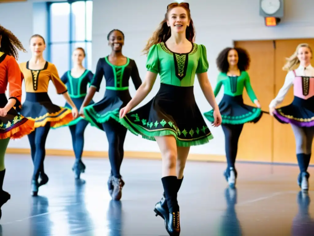 Grupo de estudiantes practicando danza irlandesa en un estudio luminoso, con el instructor demostrando pasos complejos