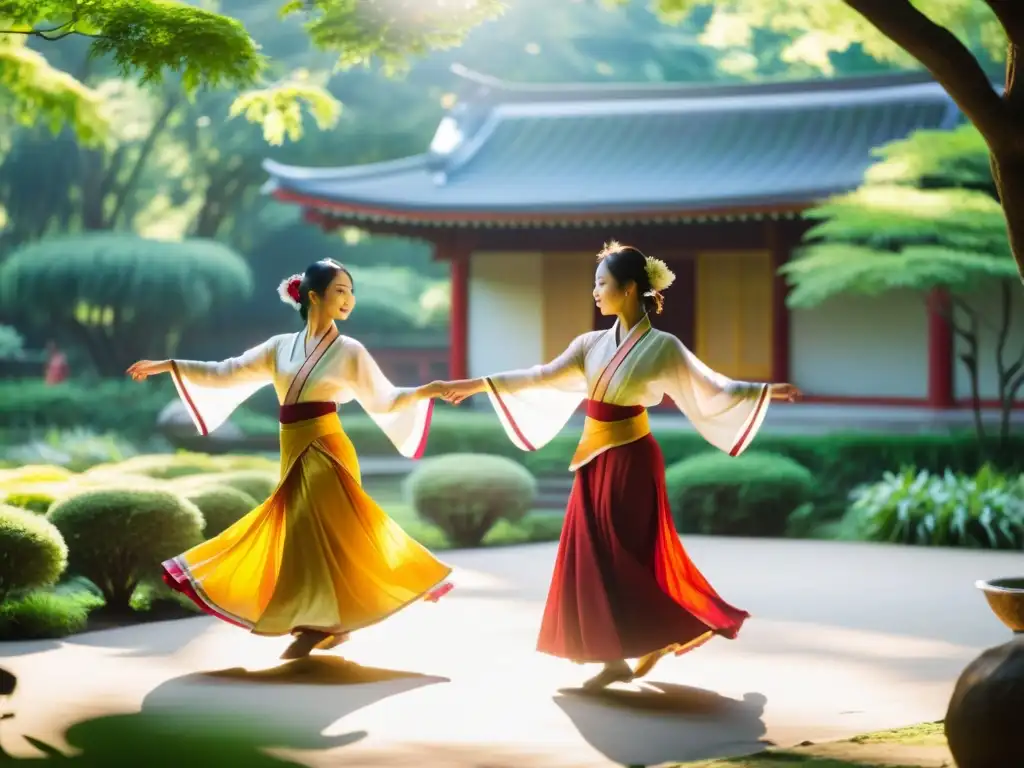 Grupo de estudiantes practicando danza tradicional asiática en un jardín sereno, con trajes vibrantes y gestos elegantes, mostrando la belleza y riqueza cultural del arte