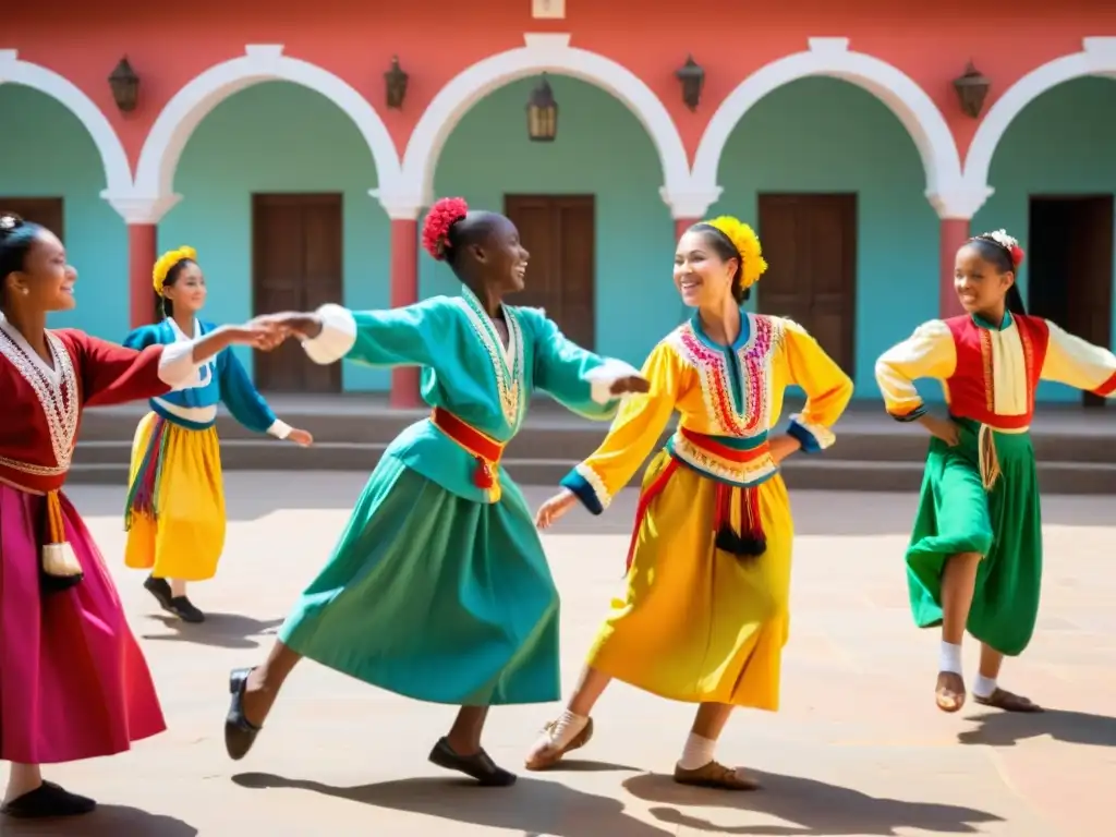 Un grupo de jóvenes estudiantes practican una danza tradicional con trajes coloridos en un patio soleado, rodeados de bailarines mayores