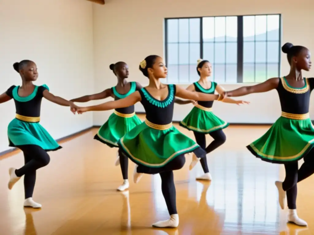 Un grupo de jóvenes estudiantes practican una danza tradicional en un estudio luminoso