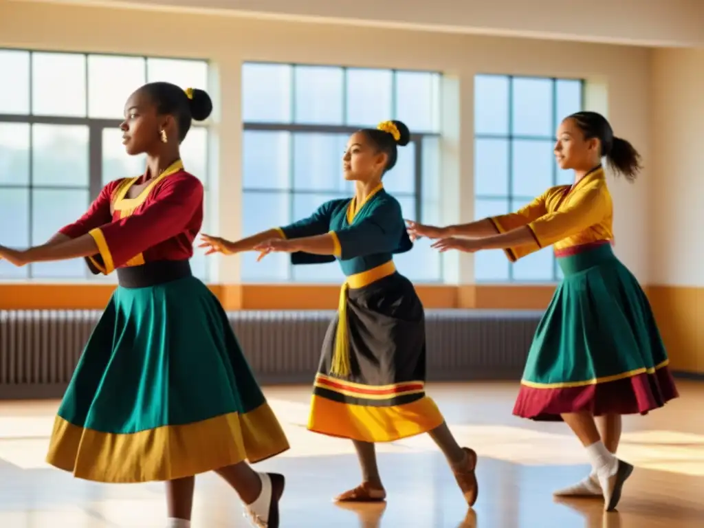 Grupo de estudiantes practicando danza tradicional con aplicaciones educativas de danza tradicional en estudio soleado, expresando alegría y determinación