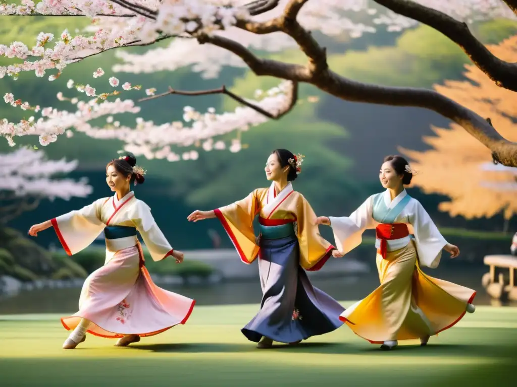 Grupo de estudiantes ejecutando danza tradicional japonesa bajo los cerezos en flor