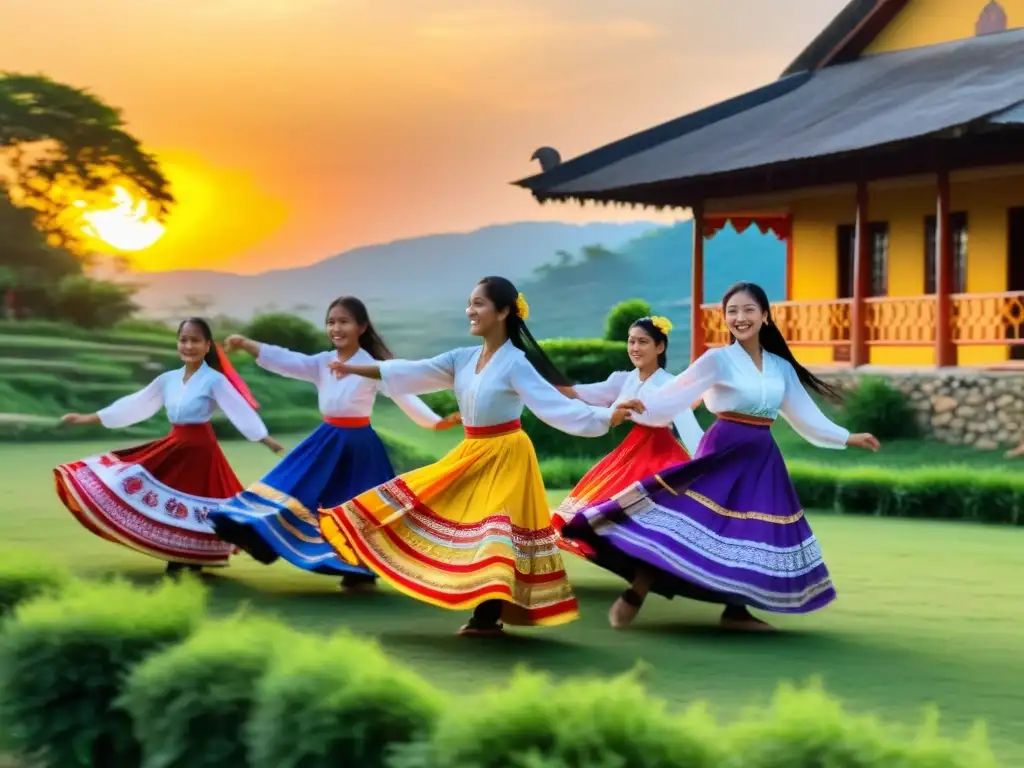 Un grupo de jóvenes estudiantes practican danzas folclóricas tradicionales con trajes coloridos en un entorno rural pintoresco al atardecer