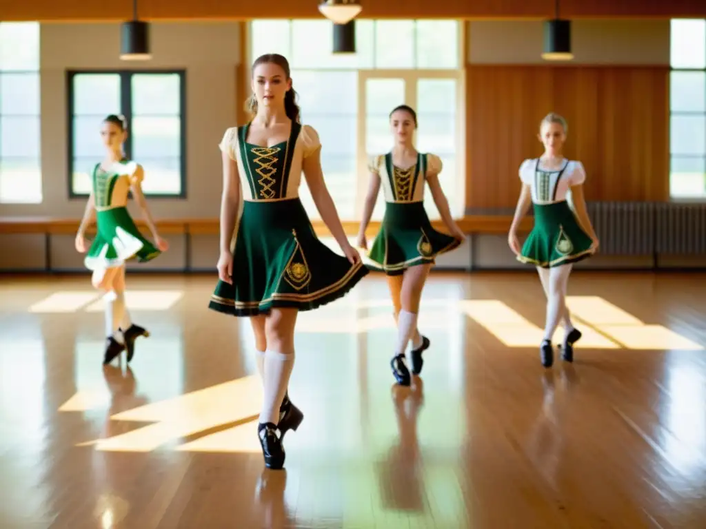 Un grupo de estudiantes practicando danzas irlandesas en un estudio soleado, reflejando pasión y dedicación por la tradición